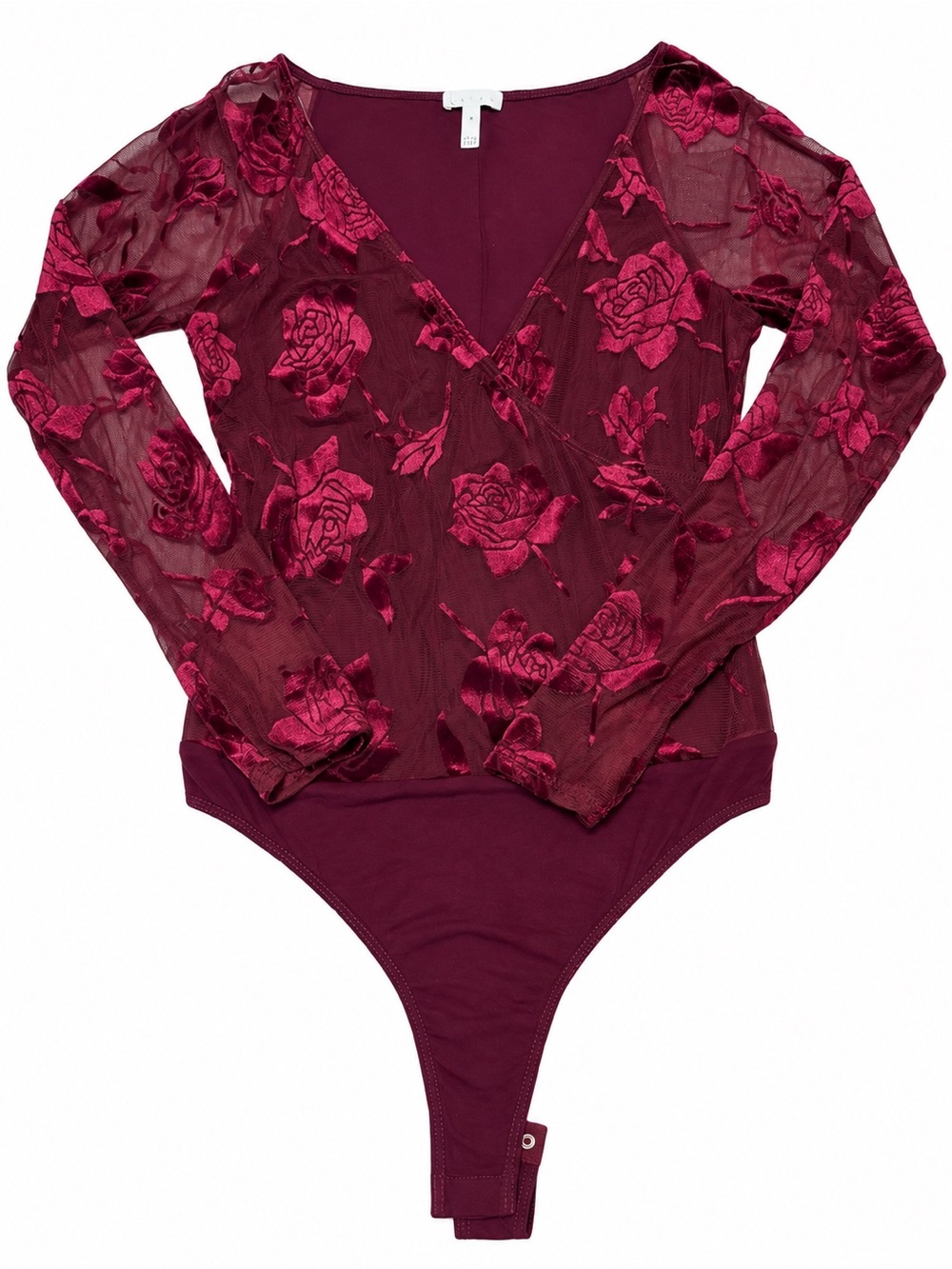 Burgundy Velvet Rose Mesh Long Sleeve Bodysuit Size Medium